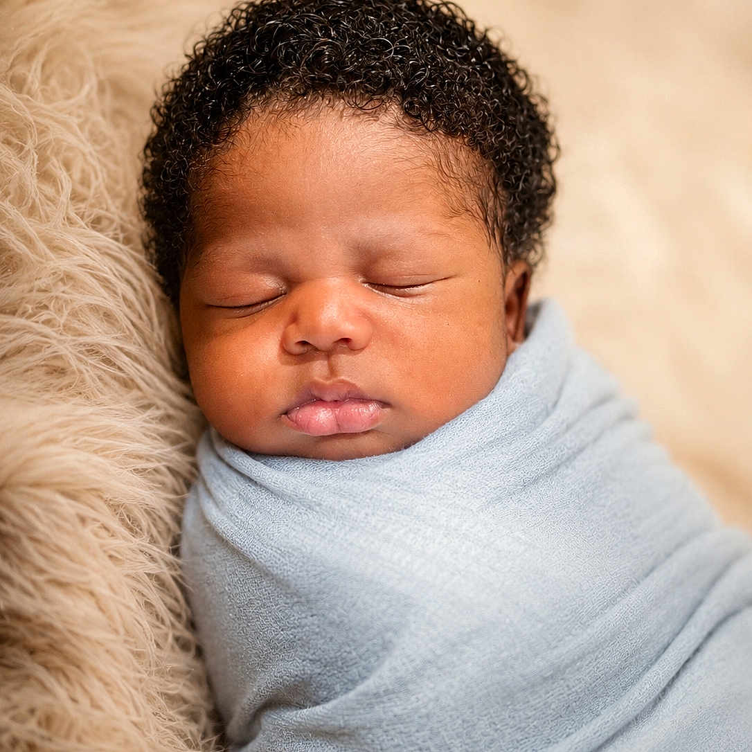Kashton Dixon is registered to the contest to win money with this photo: baby, newborn, sleeping, wrapped, blanket, curly_hair, face, infant, soft_texture, closeup, peaceful, cute, portrait, skin, head, resting, child, cozy, warm, indoors