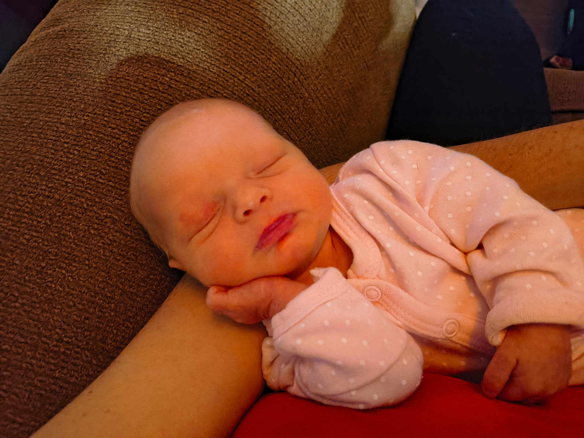 Xena joined the competition — help win amazing prizes! baby, sleeping, infant, pink_clothing, polka_dot, arm, couch, cozy, peaceful, newborn, hand, face, portrait, resting, indoors, blanket, soft, cute, child, relax