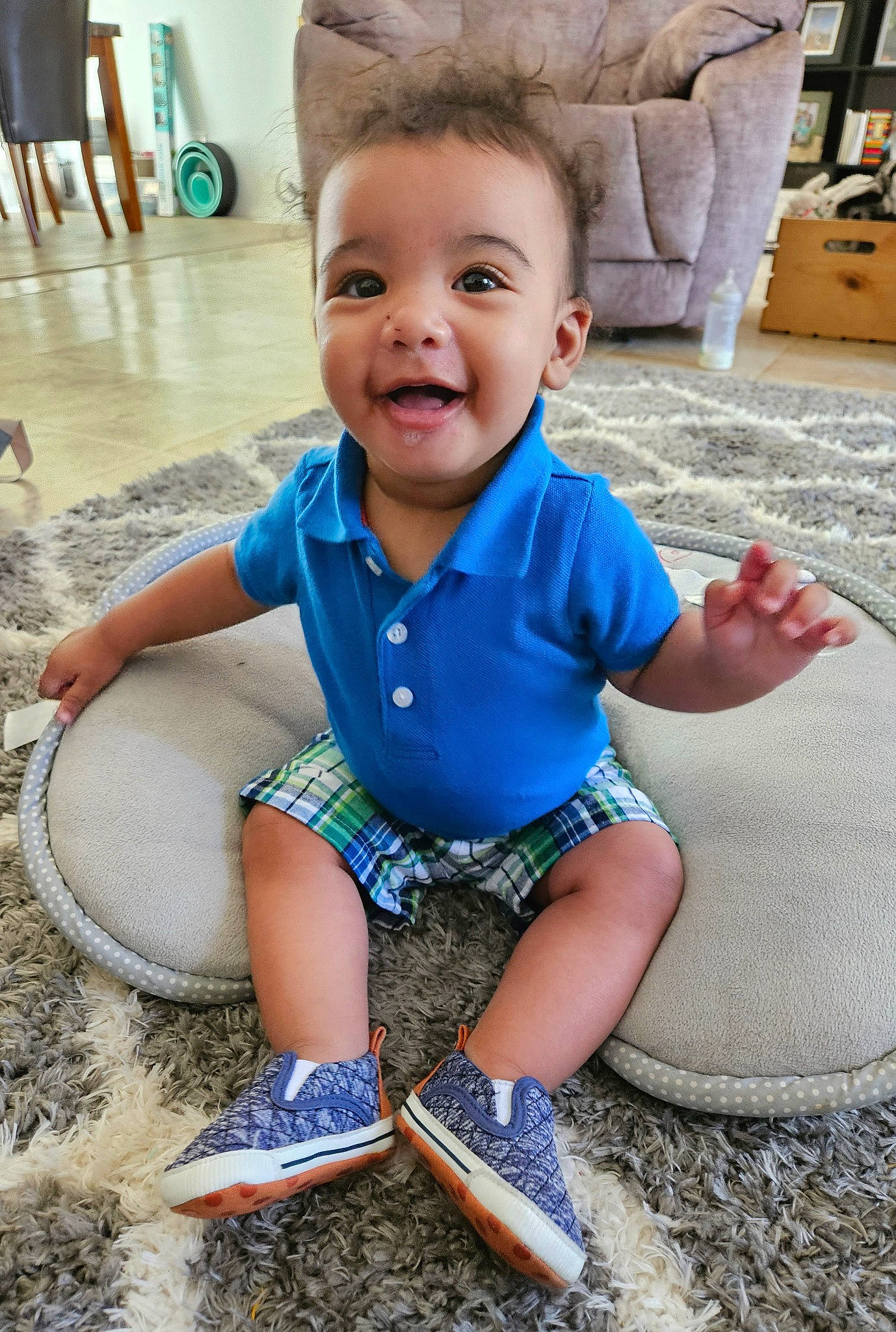 Kamryn joined the competition — help win amazing prizes! baby, baby_toddler_clothing, chair, child, flooring, fun, grass, happy, human_leg, leisure, person, play, sitting, skin, sleeve, smile, soil, t_shirt, toddler, vacation