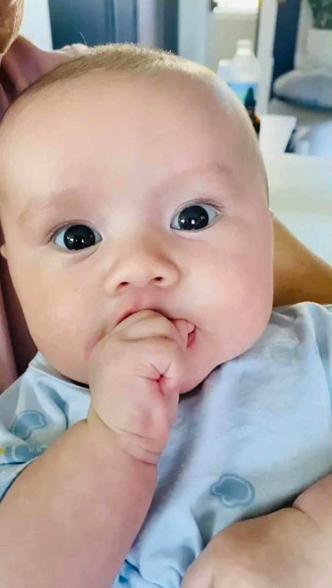 Ethan joined the competition — help win amazing prizes! baby, infant, close_up, hand, fingers, face, eyes, blue_clothing, cute, child, skin, person, indoors, soft_light, portrait, young, newborn, expression, baby_garment, sucking_fingers