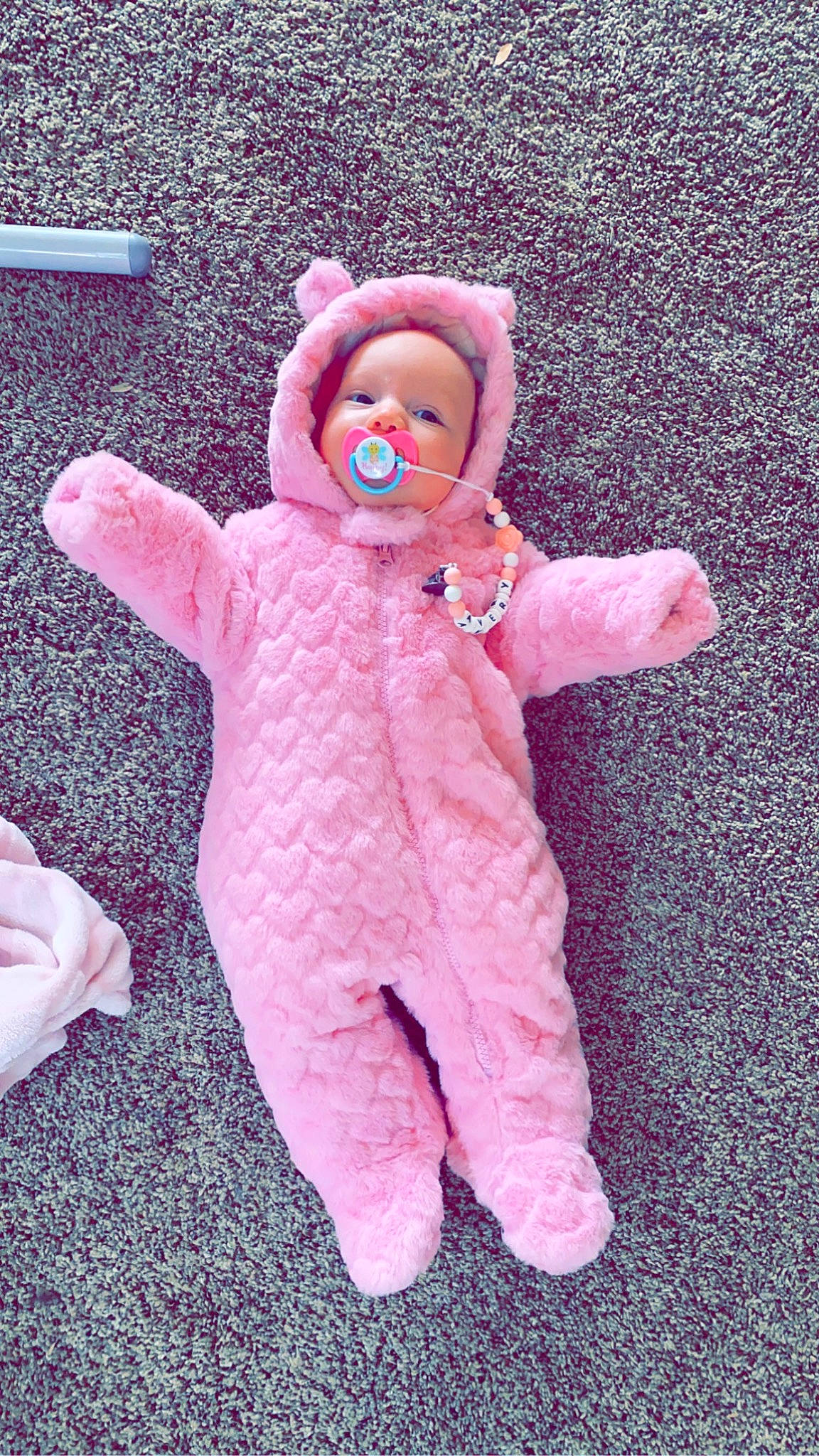 Avery is registered to the contest to win money with this photo: baby, baby_toddler_clothing, baby_toys, child, font, fun, fur, gesture, head, linens, magenta, person, personal_protective_equipment, pink, play, plush, sleeve, stuffed_toy, teddy_bear, toddler