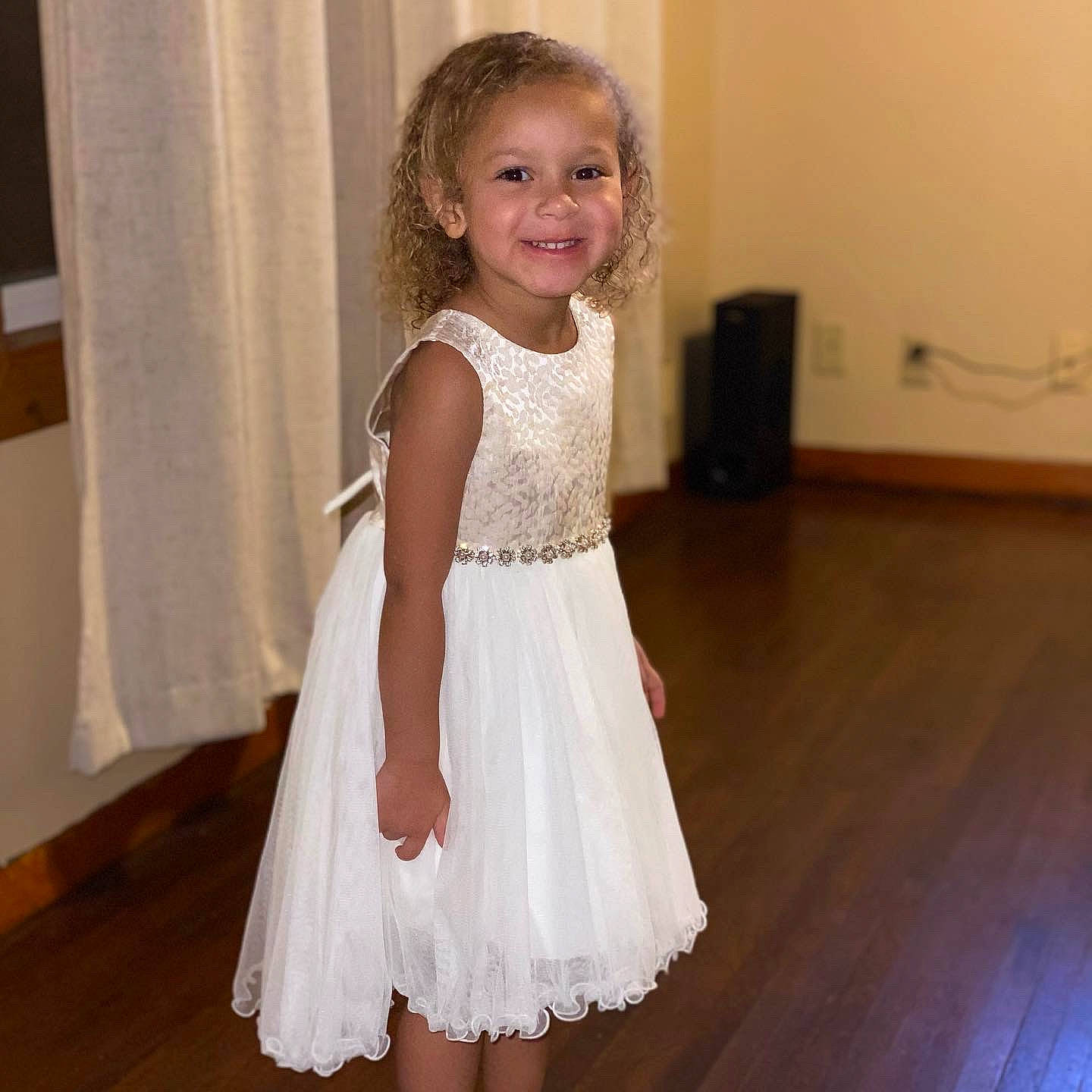 Kandyce is registered to the contest to win money with this photo: a_line, bridal_party_dress, ceremony, child, child_model, clothing, cocktail_dress, costume, dress, fashion_design, formal_wear, gown, joy, lace, neck, outerwear, person, sleeve, toddler, waist