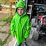 Léonardo participe au concours pour gagner de l'argent avec cette photo : child, raincoat, green, frog, boots, garage, toy_car, outdoor, mat, face, person, clothing, play, curious, garden, shelter, floor, headwear, weather, fun