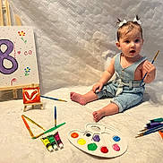 Vicenta a rejoint le concours — aidez-le/la à gagner de superbes lots ! art_supplies, canvas, child, colorful, creative, curious, denim_overalls, easel, expression, floor, indoor, number_8, paint_palette, paint_tubes, paintbrush, painting, sitting, small_canvas, toddler, white_background
