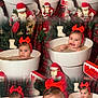 baby, bath, child, chocolate, christmas_decorations, christmas_theme, cute, cute_baby, decor, festive, holiday, holiday_season, indoors, plaid_background, portrait, red_bow, santa_figurine, smiling, smiling_baby, white_tub