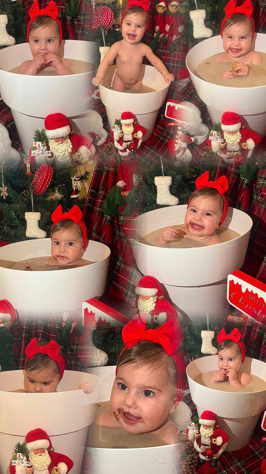 Vicenta a rejoint le concours — aidez-le/la à gagner de superbes lots ! baby, bath, child, chocolate, christmas_decorations, christmas_theme, cute, cute_baby, decor, festive, holiday, holiday_season, indoors, plaid_background, portrait, red_bow, santa_figurine, smiling, smiling_baby, white_tub