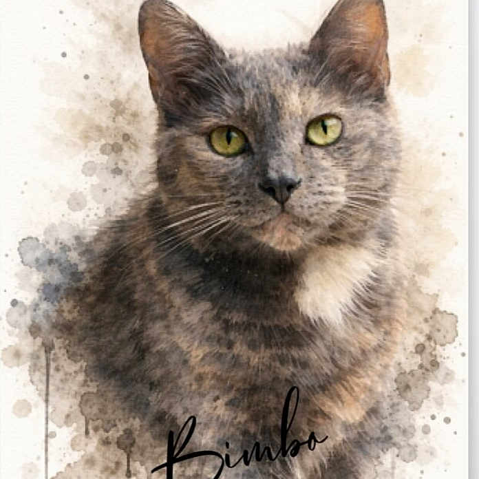 Bimbo a rejoint le concours — aidez-le/la à gagner de superbes lots ! cat, gray_cat, animal, pet, portrait, watercolor, illustration, green_eyes, whiskers, ears, fur, close_up, front_facing, sitting, artwork, paint_splatter, white_background, handwritten_text, dramatic, cute