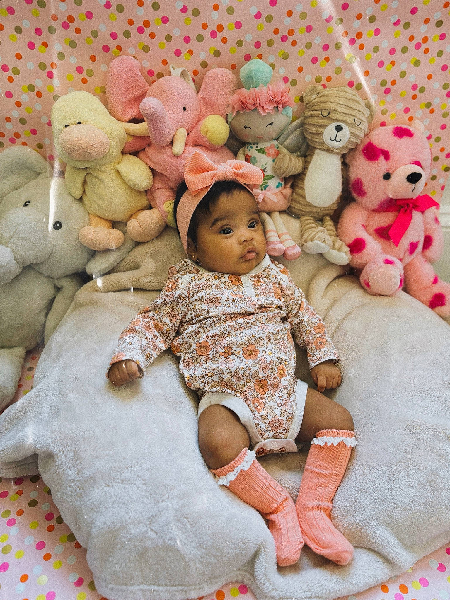 Alaïa is registered to the contest to win money with this photo: baby, baby_toddler_clothing, baby_toys, child, comfort, doll, event, happy, linens, people, person, pink, plush, room, skin, stuffed_toy, teddy_bear, toddler, toy, vertebrate