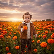 Dante is registered to the contest to win money with this photo: child, toddler, flower, marigold, field, sunset, nature, outdoor, plant, orange, sky, cloud, grass, boots, jacket, curly_hair, portrait, standing, cute, smiling
