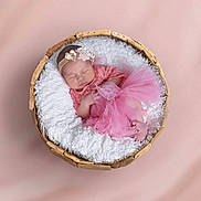 Sophie is registered to the contest to win money with this photo: newborn, baby, sleeping, basket, pink, tutu, headband, flower, lace, soft, white, fluffy, cozy, infant, cute, portrait, studio, background, peaceful, child