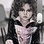 Mayle is registered to the contest to win money with this photo: child, curly_hair, dress, nike_jacket, face, hands, table, chair, indoor, portrait, black_and_white, beauty_mark, spider_web_pattern, costume, young, person, curious, holding, sitting, casual