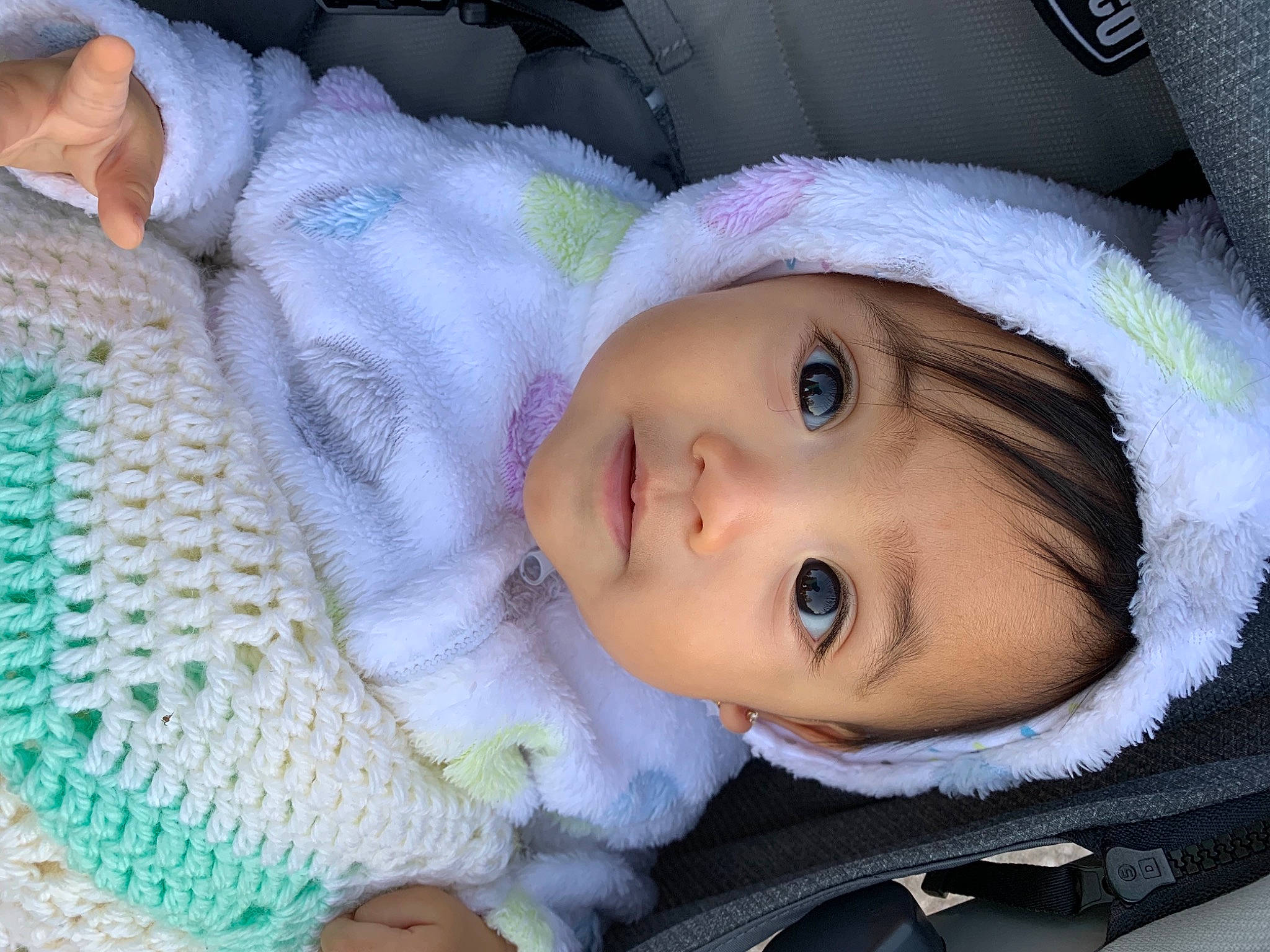 Jemma joined the competition — help win amazing prizes! baby, baby_products, baby_sleeping, blanket, bonnet, cheek, child, crochet, eye, face, head, headgear, iris, knitting, nose, person, product, skin, toddler, wool