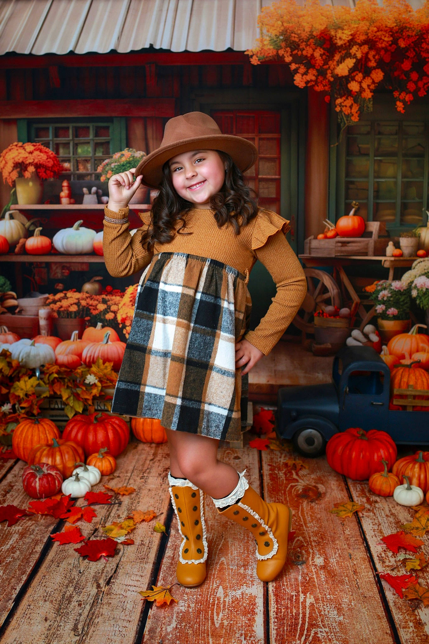 Collins joined the competition — help win amazing prizes! calabaza, cucurbita, dress, fashion, gourd, hat, headwear, joy, leaf, natural_foods, orange, people, person, plaid, pumpkin, smile, squash, sun_hat, sunglasses, tartan