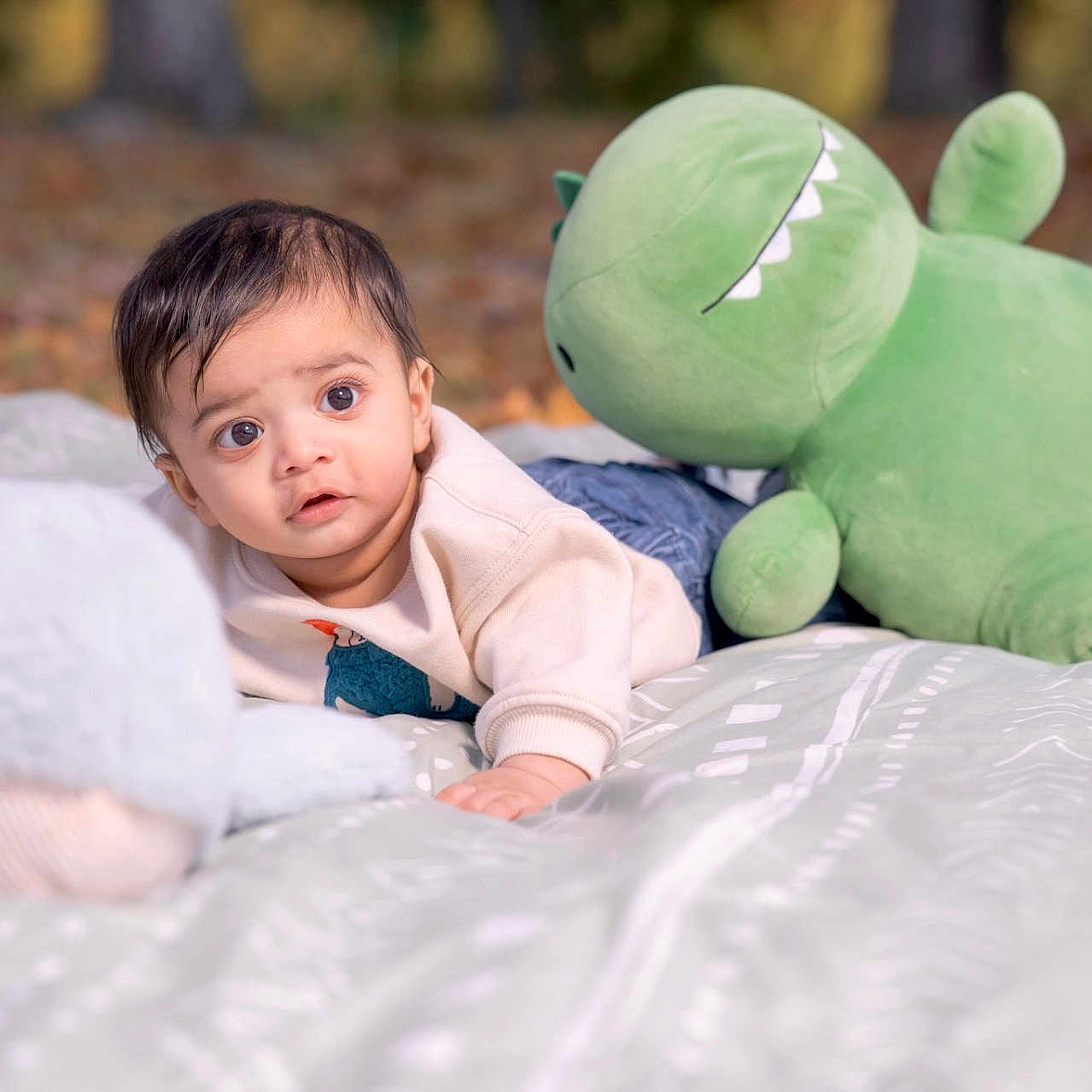 Krishiv joined the competition — help win amazing prizes! autumn, baby, blanket, casual_clothing, child, curious, cute, forest, giraffe_toy, green_dinosaur, infant, lying_down, nature, outdoor, pattern, plush_toy, portrait, soft_focus, toy, young_child