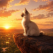 Nougat a rejoint le concours — aidez-le/la à gagner de superbes lots ! cat, kitten, animal, fluffy, white_fur, sitting, profile, outdoors, sunset, sunrise, golden_hour, cliff, rock, landscape, mountains, valley, river, clouds, dramatic_lighting, scenic