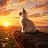 cat, kitten, animal, fluffy, white_fur, sitting, profile, outdoors, sunset, sunrise, golden_hour, cliff, rock, landscape, mountains, valley, river, clouds, dramatic_lighting, scenic