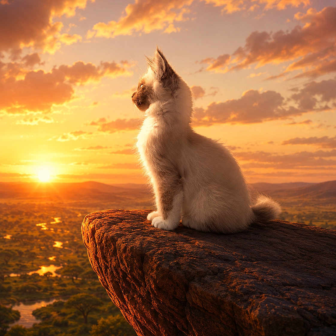 Nougat a rejoint le concours — aidez-le/la à gagner de superbes lots ! cat, kitten, animal, fluffy, white_fur, sitting, profile, outdoors, sunset, sunrise, golden_hour, cliff, rock, landscape, mountains, valley, river, clouds, dramatic_lighting, scenic
