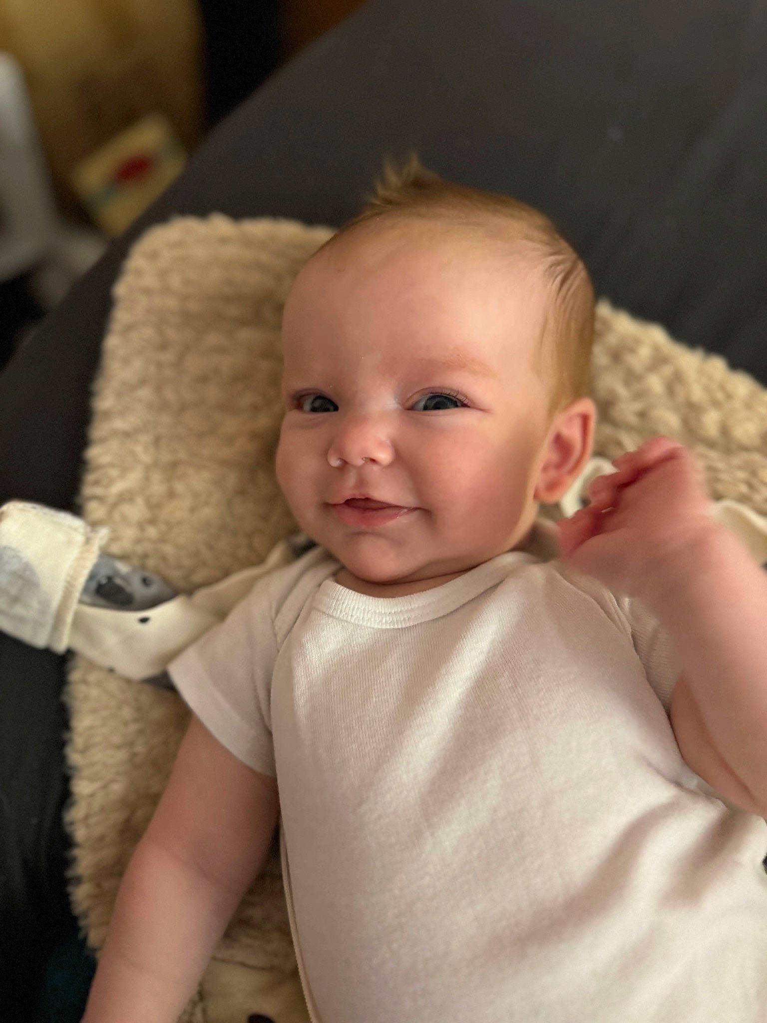 Lincoln joined the competition — help win amazing prizes! baby, baby_toddler_clothing, cheek, chest, child, comfort, eye, finger, happy, human_body, iris, lip, neck, nose, person, sitting, skin, sleeve, smile, t_shirt