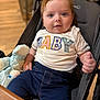 Pierre a rejoint le concours — aidez-le/la à gagner de superbes lots ! baby, blue_eyes, child, clothing, curly_hair, cute, face, hand, happy, indoor, infant, pants, portrait, seated, shirt, soft_toy, stroller, thumbs_up, toy, wood_floor