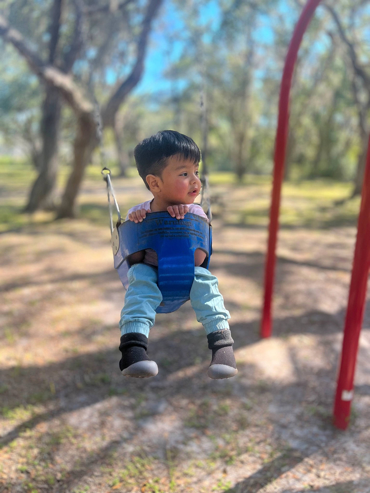Josiah joined the competition — help win amazing prizes! baby, baby_toddler_clothing, child, city, electric_blue, fun, grass, happy, leisure, outdoor_play_equipment, people_in_nature, person, plant, playground, recreation, sky, soil, swing, toddler, tree