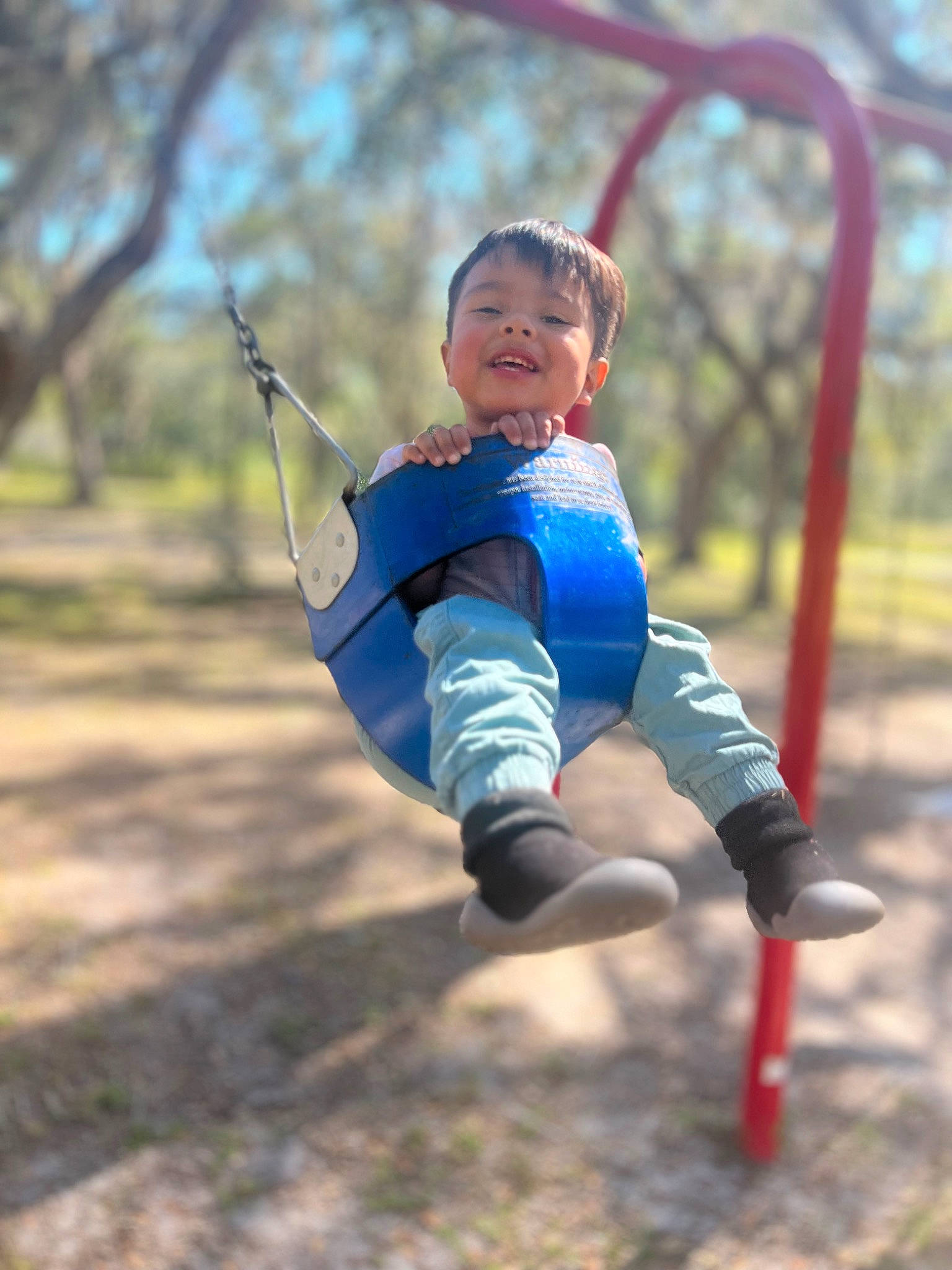 Josiah is registered to the contest to win money with this photo: baby, baby_toddler_clothing, child, city, electric_blue, fun, grass, happy, joy, leisure, outdoor_play_equipment, outdoor_recreation, people_in_nature, person, play, playground, recreation, smile, soil, swing
