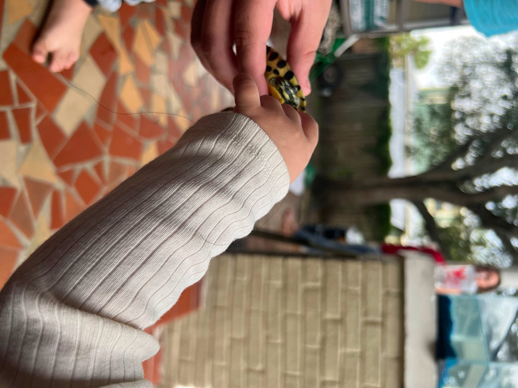 Nevaeh joined the competition — help win amazing prizes! denim, elbow, fashion_accessory, finger, foot, gesture, hand, human_leg, knee, nail, pattern, peach, person, sleeve, tartan, thigh, thumb, toe, waist, wood