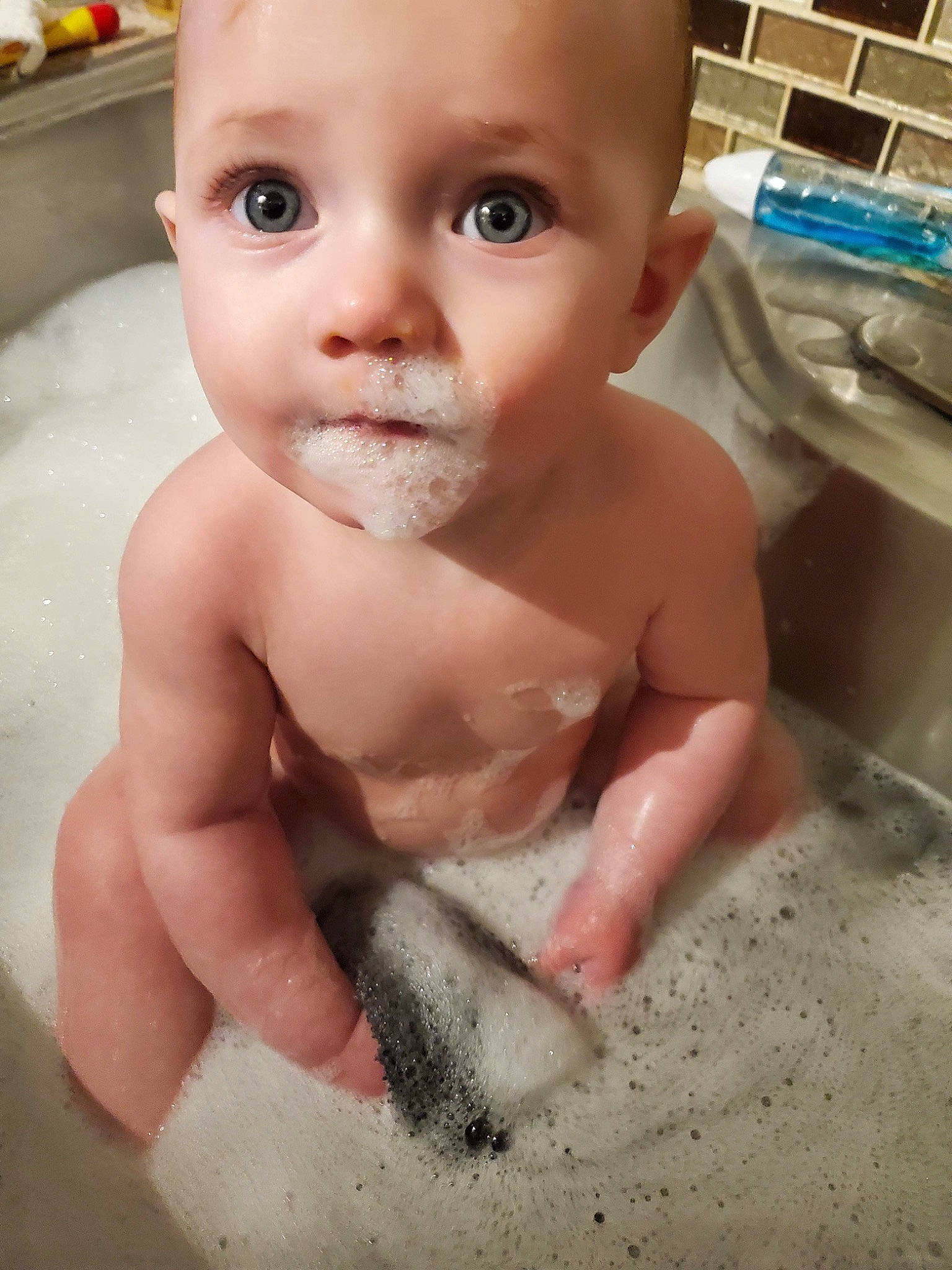 Melody joined the competition — help win amazing prizes! baby, baby_bathing, bathing, cheek, chest, child, eyelash, finger, fluid, foam, hand, head, human_body, mouth, nose, person, plumbing, plumbing_fixture, skin, toddler
