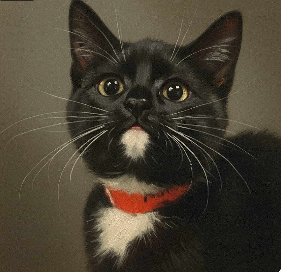 Phoebe joined the competition — help win amazing prizes! cat, tuxedo_cat, black_and_white, close_up, portrait, whiskers, collar, pet, animal, feline, curious, indoor, soft_light, fur, face, eyes, cute, domestic_cat, looking_up, neutral_background