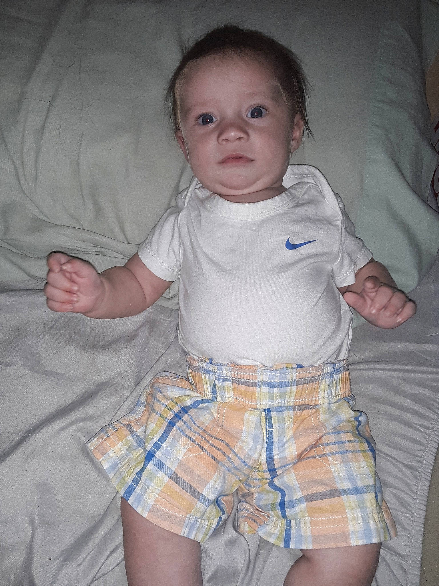 Bentlee is registered to the contest to win money with this photo: abdomen, baby, baby_toddler_clothing, cheek, child, design, leg, pattern, person, plaid, sitting, skin, smile, standing, toddler