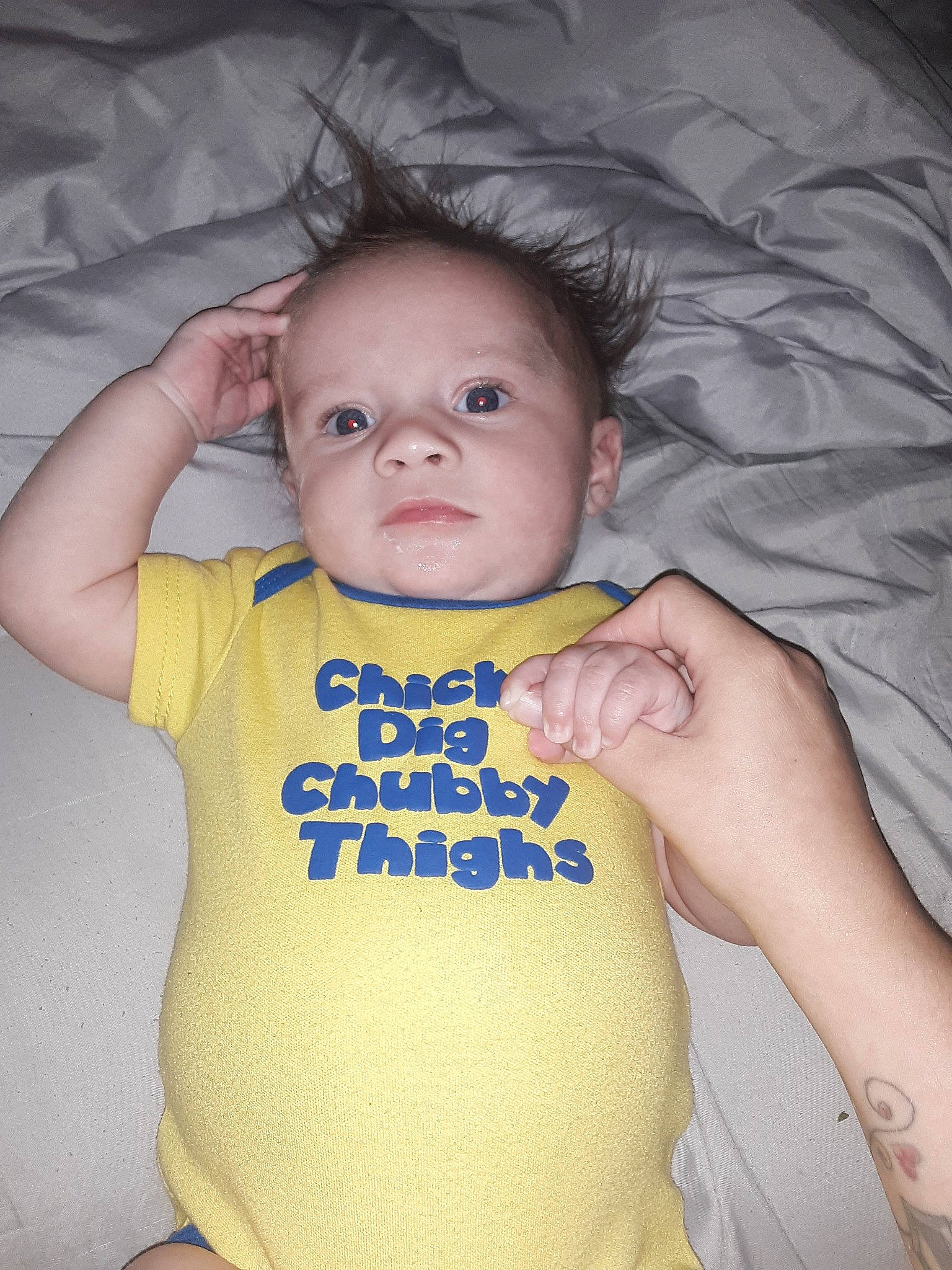 Bentlee joined the competition — help win amazing prizes! arm, baby, baby_products, baby_toddler_clothing, cheek, child, eye, face, finger, forehead, hand, head, iris, lip, person, product, skin, t_shirt, thumb, toddler