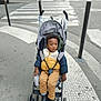 toddler, child, stroller, puffer_jacket, boots, sidewalk, urban, crosswalk, pedestrian, bicycle, street, city, outerwear, winter_clothing, curb, metal_pole, asphalt, baby, portrait, outdoor