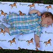 Bryson is registered to the contest to win money with this photo: baby, blanket, child, cute, grass, horse_pattern, infant, lying_down, name_text, nature, outdoor, pacifier, pastel_clothing, peaceful, plaid, resting, romper, sleeping, small_hand, soft_texture