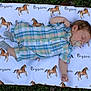 baby, blanket, child, cute, grass, horse_pattern, infant, lying_down, name_text, nature, outdoor, pacifier, pastel_clothing, peaceful, plaid, resting, romper, sleeping, small_hand, soft_texture