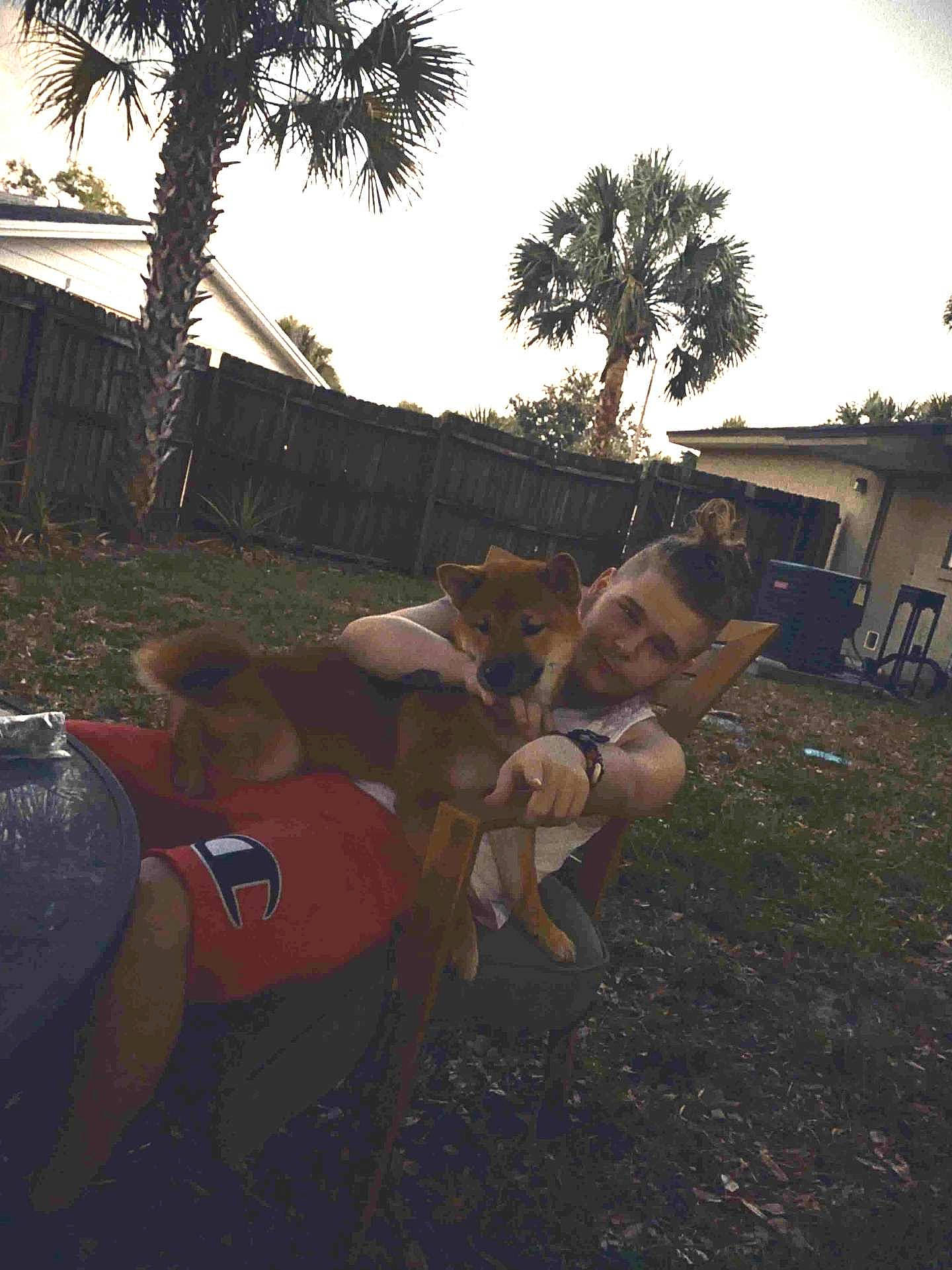 Marley is registered to the contest to win money with this photo: arecales, chair, event, fawn, fun, grass, happy, hat, human_leg, landscape, leaf, leisure, palm_tree, plant, shorts, sky, sunlight, tree, wilderness, working_animal