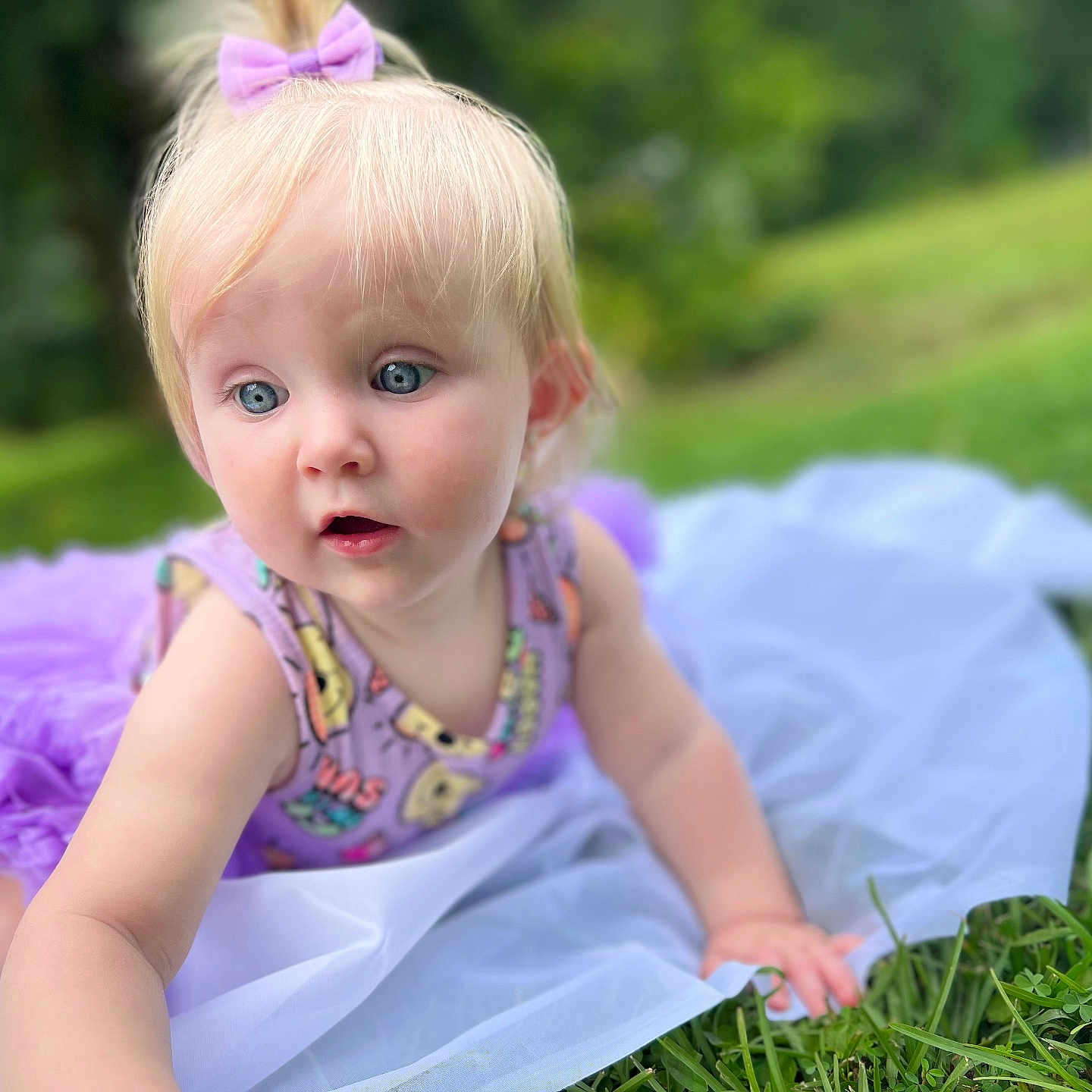Lila is registered to the contest to win money with this photo: baby, blue_eyes, child, colorful_clothing, crawling, curious, cute, daylight, grass, greenery, infant, nature, outdoor, playful, portrait, purple_bow, soft_focus, summer, tutu, white_cloth