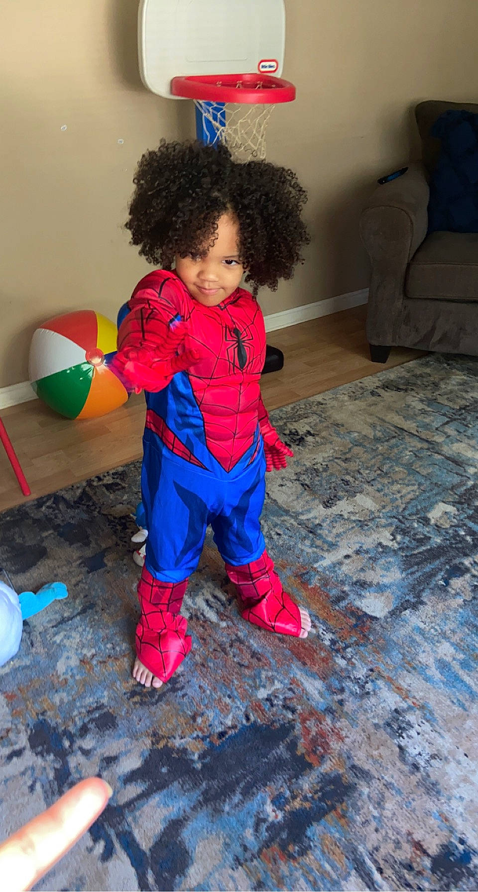 Justus joined the competition — help win amazing prizes! balloon, child, costume, couch, electric_blue, flooring, fun, happy, magenta, party, party_supply, person, pinata, play, room, t_shirt, toddler