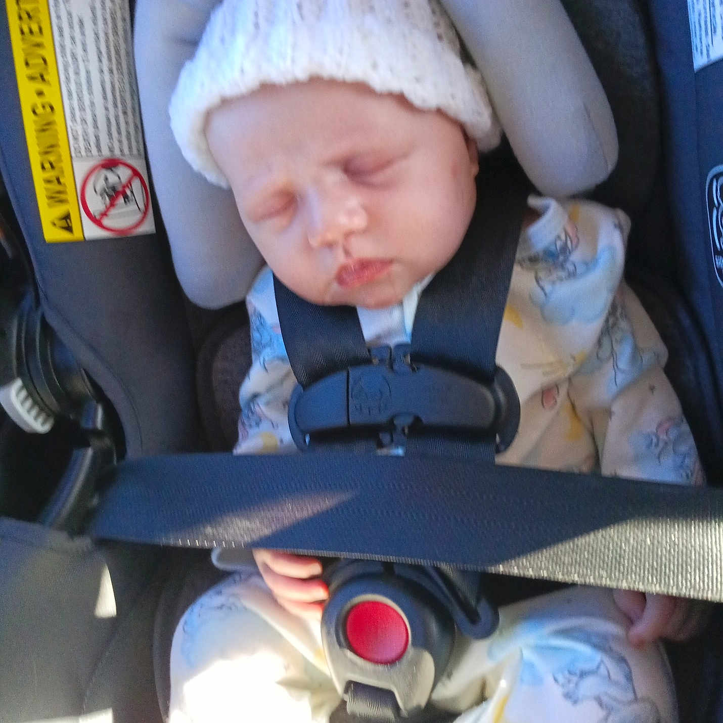Mivah joined the competition — help win amazing prizes! baby, car_interior, car_seat, child, child_safety, closeup, cute, face, hand, indoors, infant, knit_hat, pajamas, peaceful, resting, safety_harness, seatbelt, sleeping, sunlight, transportation