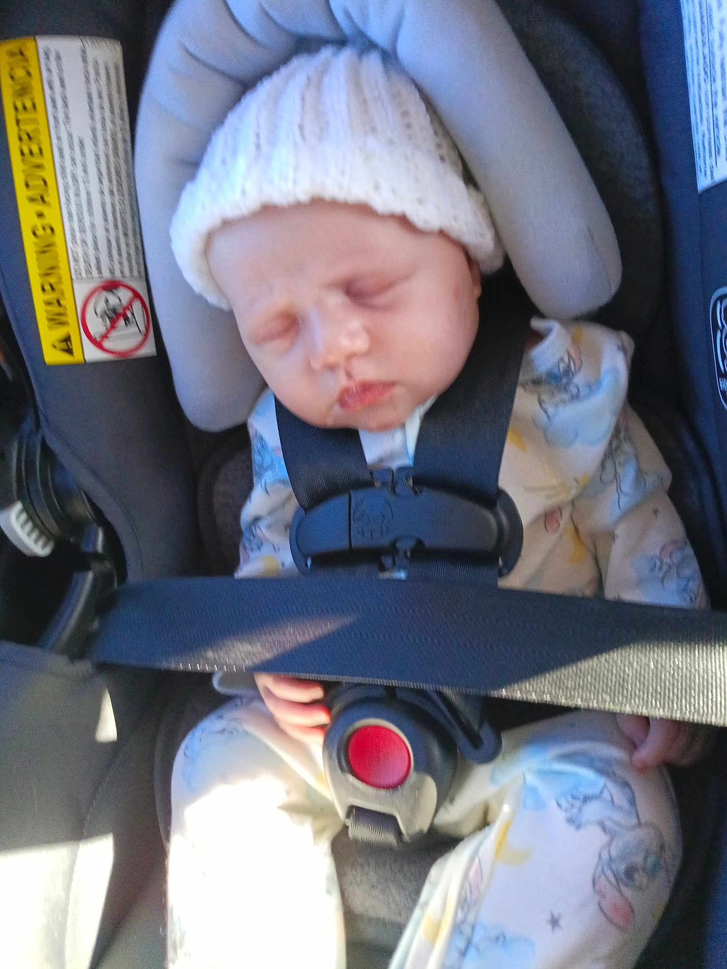 Mivah joined the competition — help win amazing prizes! baby, sleeping, car_seat, child, infant, knit_hat, pajamas, safety_harness, seatbelt, hand, face, peaceful, indoors, sunlight, closeup, cute, child_safety, transportation, car_interior, resting