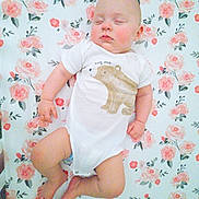 Riki joined the competition — help win amazing prizes! baby, infant, sleeping, onesie, bear_print, floral_pattern, blanket, cute, peaceful, child, skin, foot, hand, head, face, lying_down, indoors, soft_colors, portrait, adorable