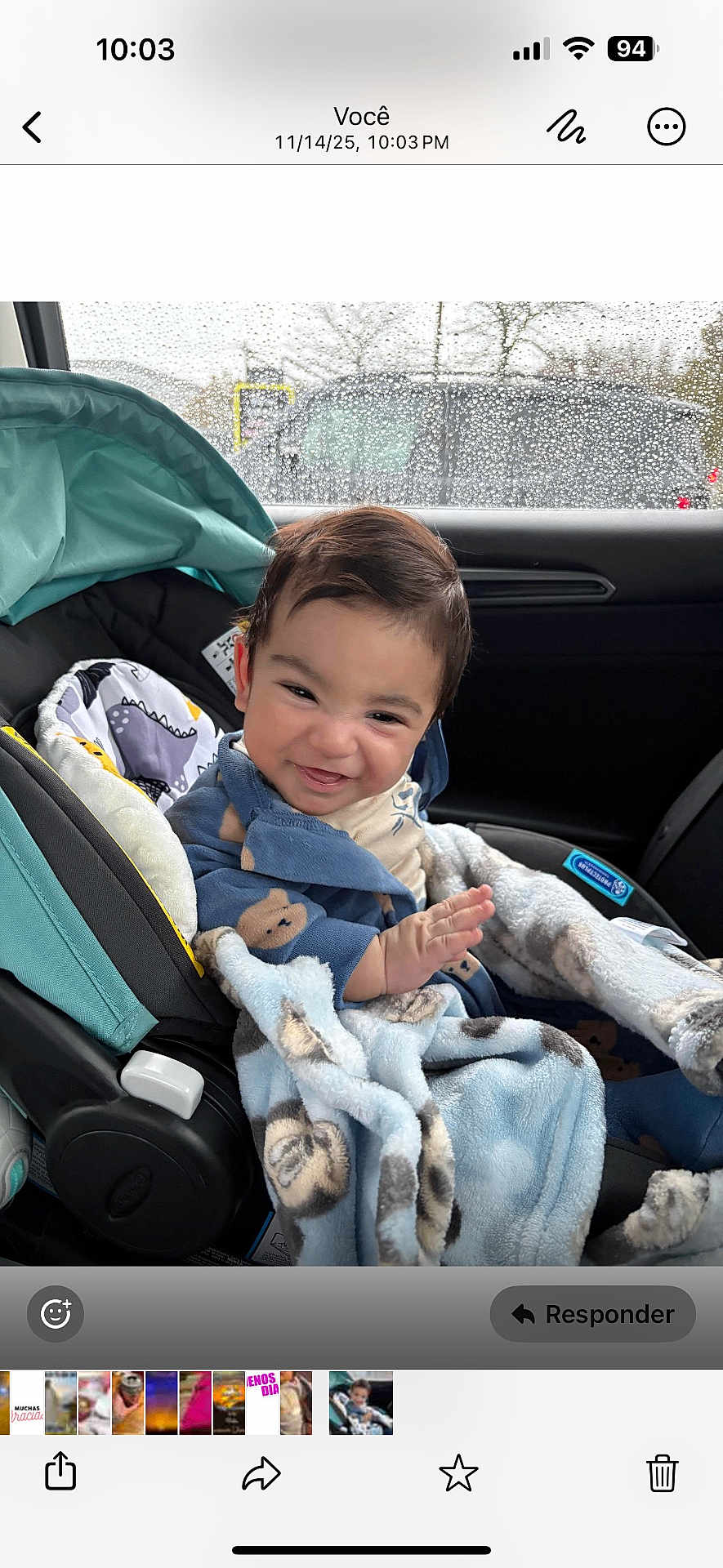 Benício joined the competition — help win amazing prizes! baby, child, car_seat, blanket, smiling, indoors, rain, window, car, seatbelt, cute, portrait, happy, clothing, baby_clothes, infant, people, face, expression, child_seat