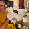 artwork, black_and_white_cat, cat, cat_costume, cat_tree, expression, flower_costume, funny, furniture, glasses, godzilla, holding, home, indoor, man, mirror, pet, poster, smile, yellow_shirt