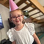 Emmy a rejoint le concours — aidez-le/la à gagner de superbes lots ! black_skirt, casual, celebration, child, fashion, girl, glasses, happy, home, indoor, party_hat, person, polka_dot, portrait, red_glasses, smile, staircase, white_blouse, wooden_stairs, young_person