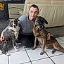 Toscane participe au concours pour gagner de l'argent avec cette photo : person, dog, indoor, floor, tile, couch, glasses, sweater, brown_dog, gray_dog, pet, animal, companion, home, casual, seated, furniture, face, looking_at_camera, flooring