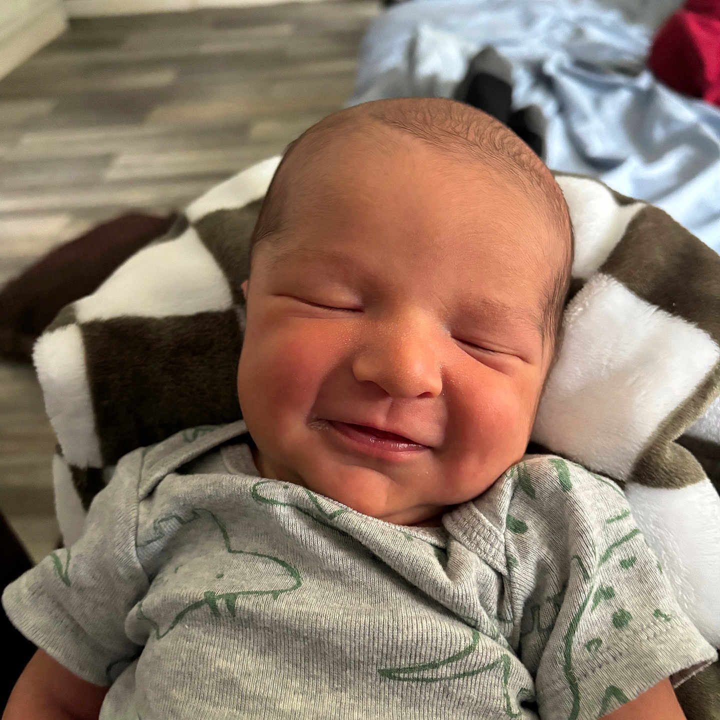 Kody is registered to the contest to win money with this photo: baby, newborn, smile, sleeping, blanket, onesie, dinosaur, infant, cute, indoors, child, peaceful, portrait, soft, clothing, face, happy, resting, head, cozy