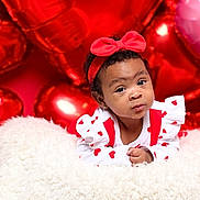 Delilah joined the competition — help win amazing prizes! baby, child, infant, red_bow, headband, heart_pattern, white_outfit, fluffy_blanket, red_balloons, pink_balloon, valentines_day, cute, portrait, smiling, indoor, celebration, holiday, decorations, person, closeup