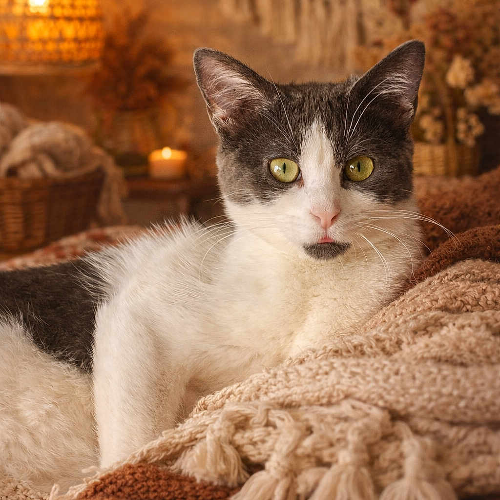 Daisy participe au concours pour gagner de l'argent avec cette photo : cat, black_and_white, pet, animal, feline, portrait, close_up, golden_eyes, whiskers, pointed_ears, sitting, lounging, blanket, cozy, indoor, home, warm_lighting, candle, woven_texture, relaxed