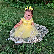 Daybelis joined the competition — help win amazing prizes! baby, child, toddler, girl, portrait, smiling, yellow_dress, hair_bows, necklace, lace, tulle, outdoor, garden, grass, greenery, sitting, fashion, princess, happy, photography