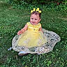baby, child, toddler, girl, portrait, smiling, yellow_dress, hair_bows, necklace, lace, tulle, outdoor, garden, grass, greenery, sitting, fashion, princess, happy, photography
