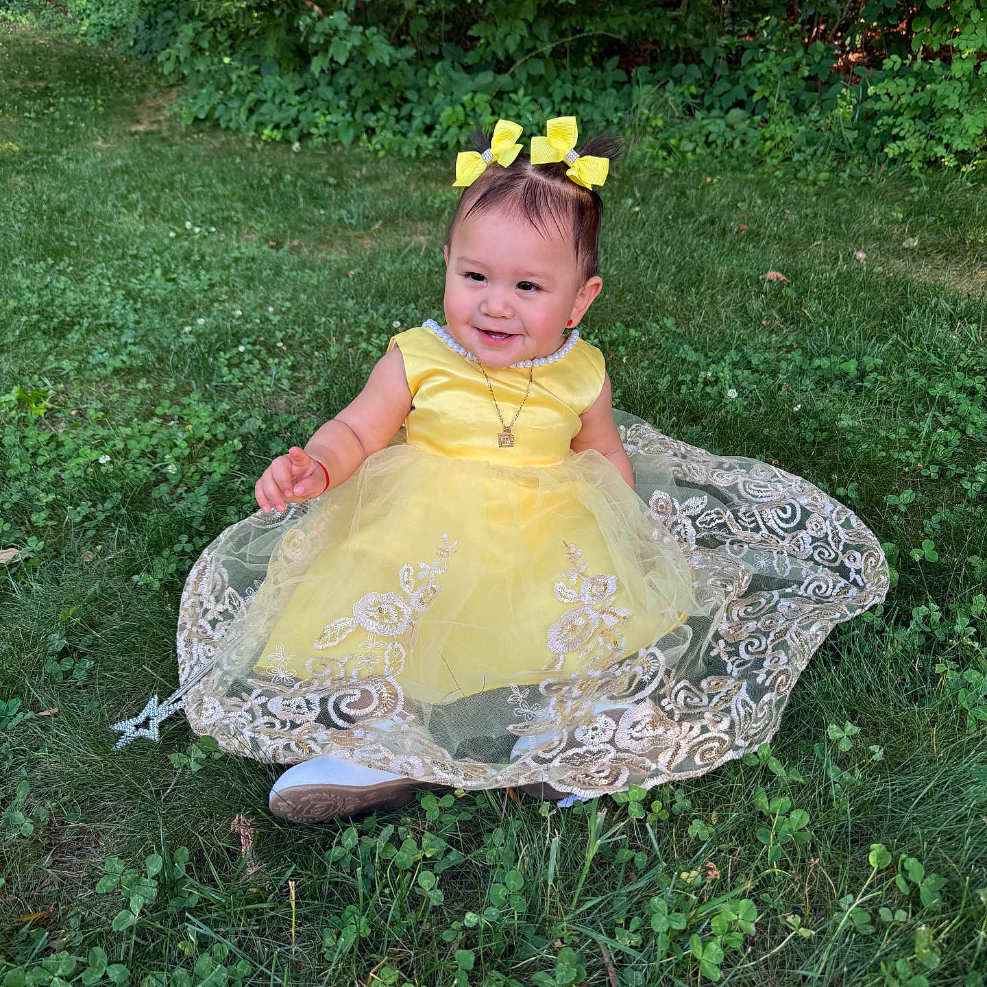 Daybelis joined the competition — help win amazing prizes! baby, child, toddler, girl, portrait, smiling, yellow_dress, hair_bows, necklace, lace, tulle, outdoor, garden, grass, greenery, sitting, fashion, princess, happy, photography
