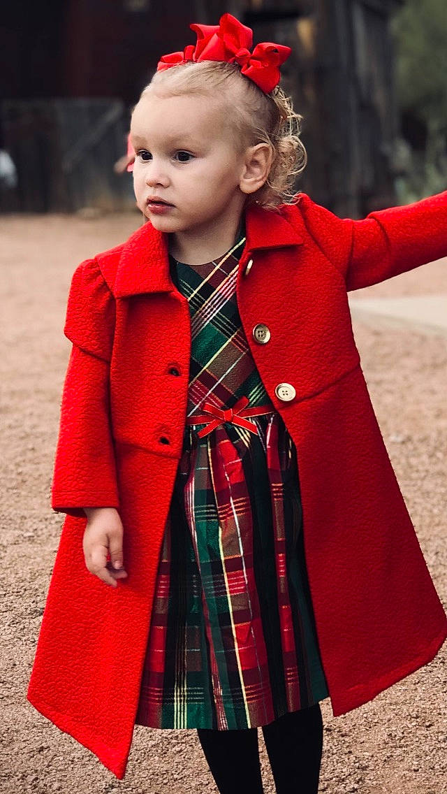 Zailynn is registered to the contest to win money with this photo: baby_toddler_clothing, blazer, clothing, collar, dress, face, happy, lip, neck, pattern, person, pink, plaid, red, sleeve, standing, street_fashion, tartan, textile, toddler